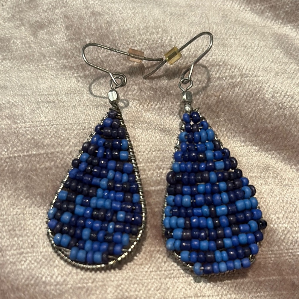 Royal Blue Teardrop Dangle Earrings 2” Beaded French Hook Earrings Boho